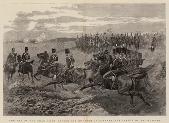 The Review and Sham Fight before the Emperor of Germany, the Charge of the Hussars